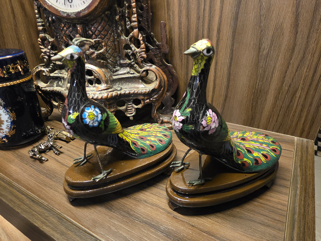 Vintage Chinese Cloisonné Enamel Peacock Figurines (Pair)