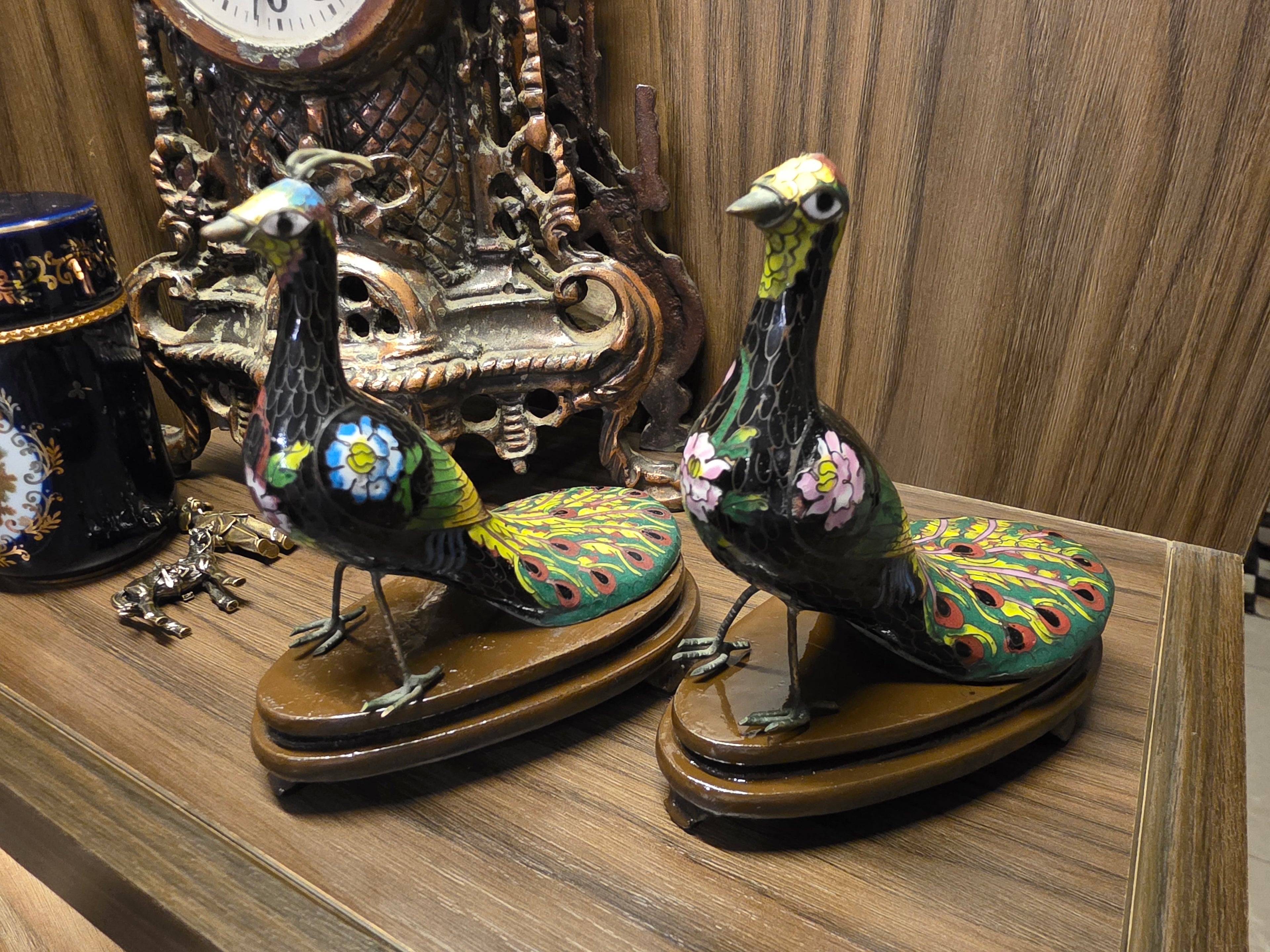Vintage Chinese Cloisonné Enamel Peacock Figurines (Pair)