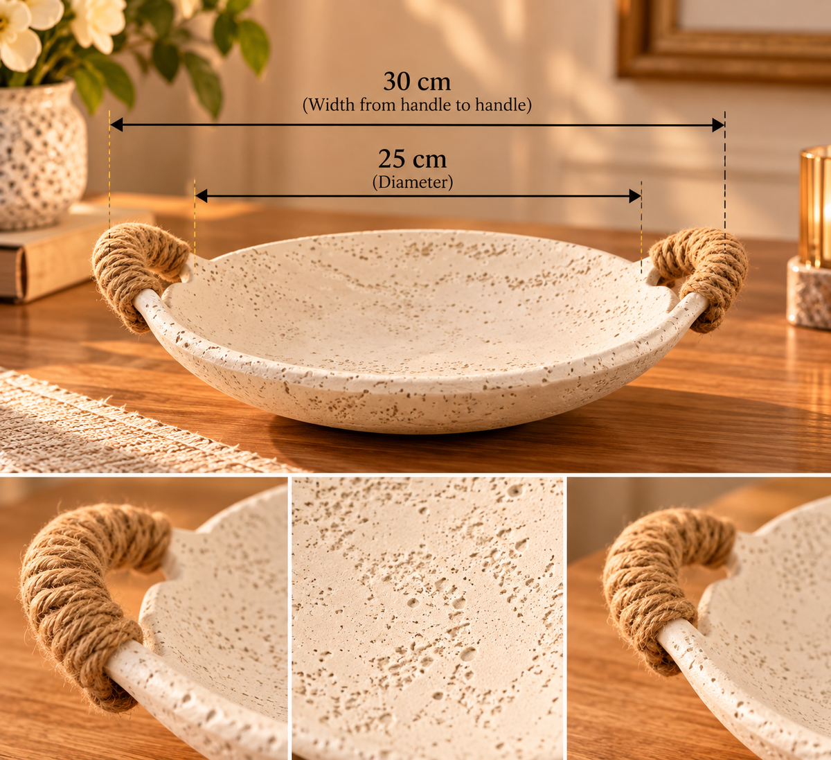🤍 Ivory Stone-Effect Rope Handle Bowl