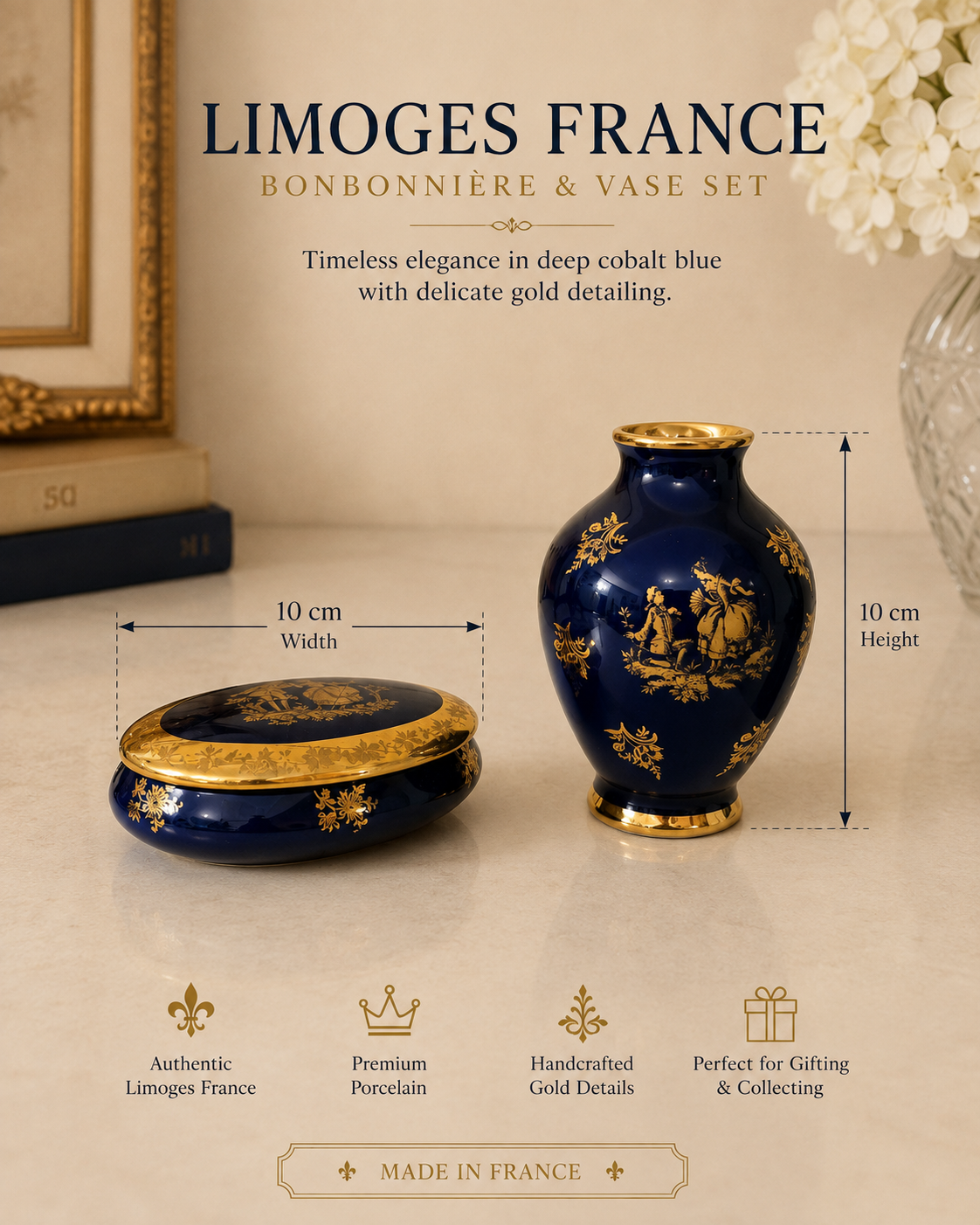 Vintage Limoges France Cobalt Blue & 22k Gold Courting Couple 2-Pc Set – Miniature Bud Vase & Trinket Box