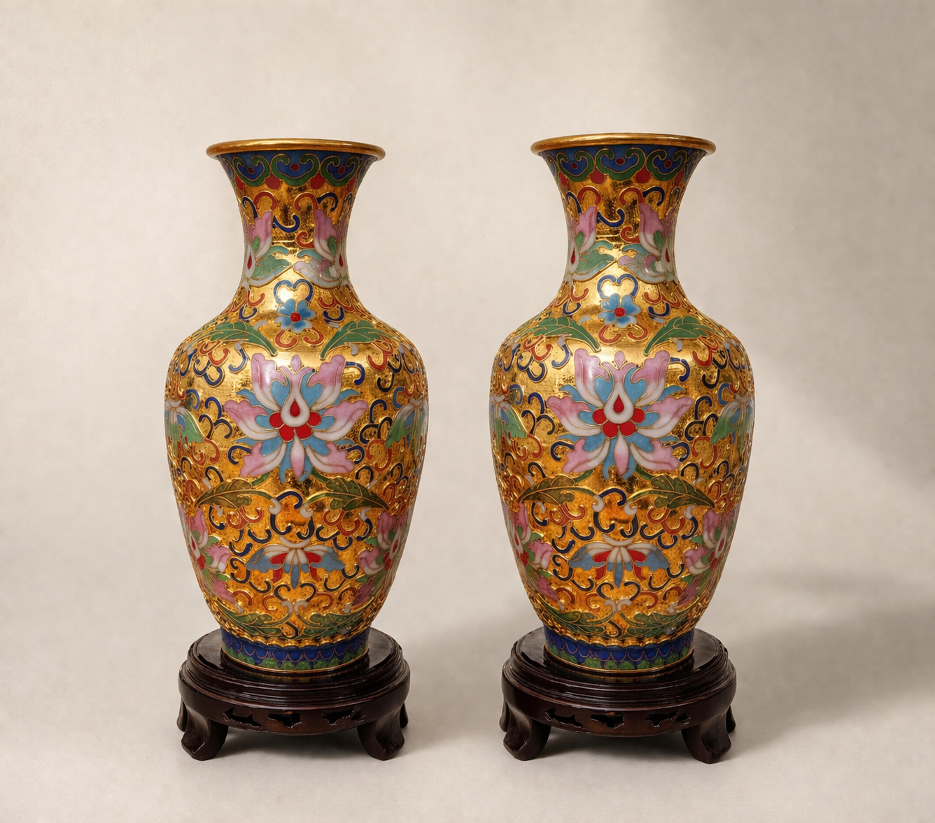 Twin Cloisonné Floral Vases – Handcrafted Gold Enamel Pair
