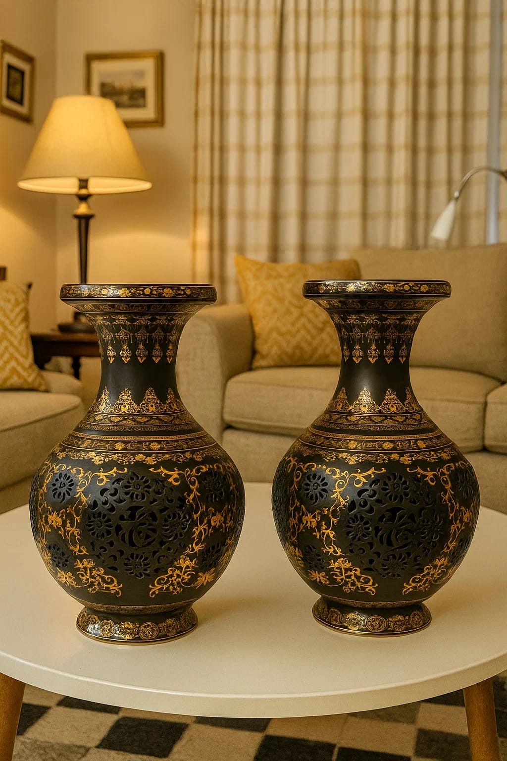 Ornate ajour vase with gold-tone filigree on a dark, iridescent glaze. Elegant statement piece
