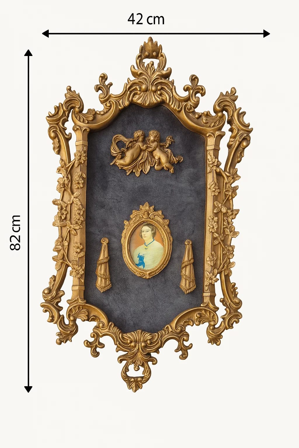 A richly detailed resin wall plaque framed in a lavish Baroque-style crest.