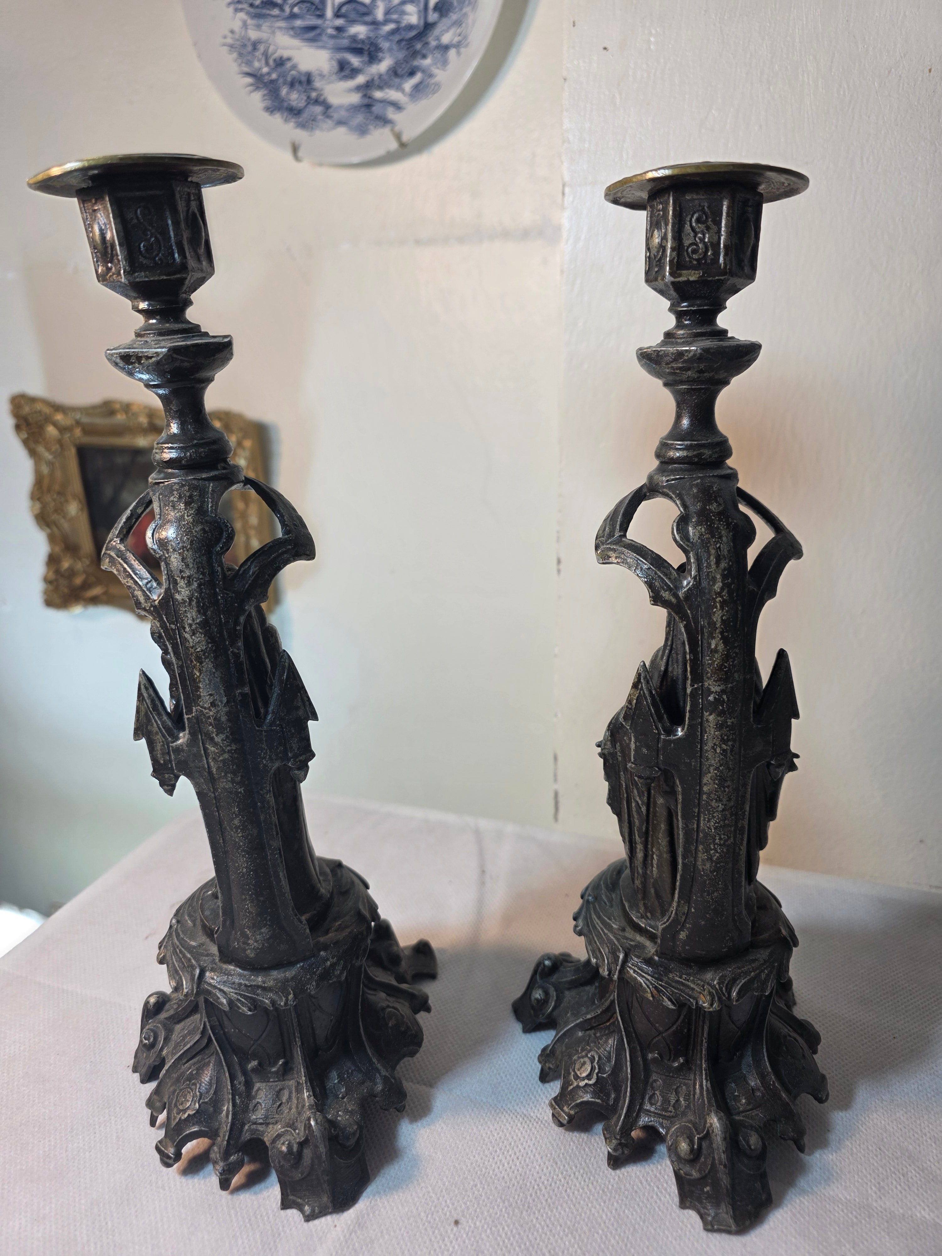 Antique French Gothic Angel Candlestick Pair