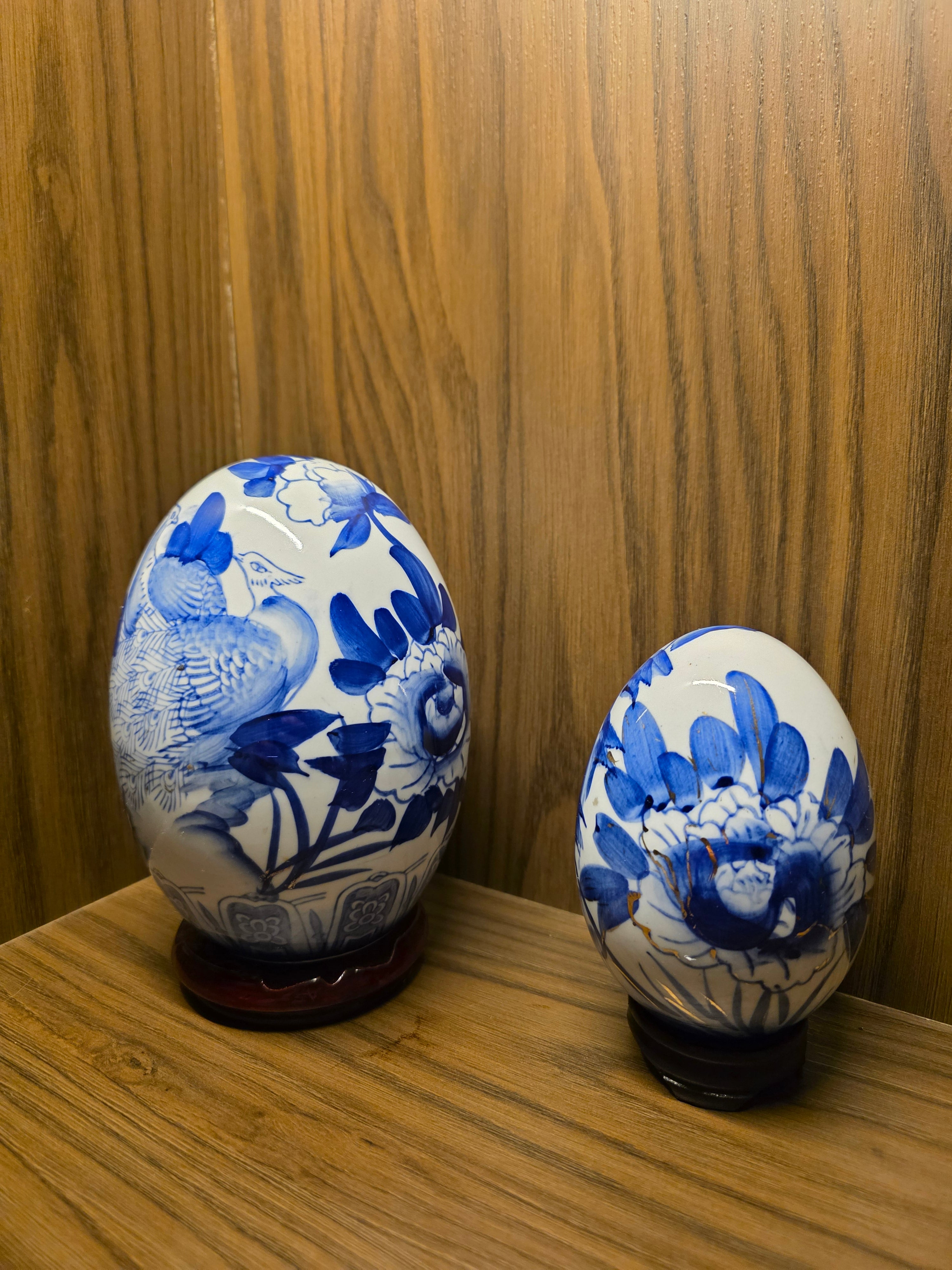 Blue & White Porcelain Eggs — two hand-painted