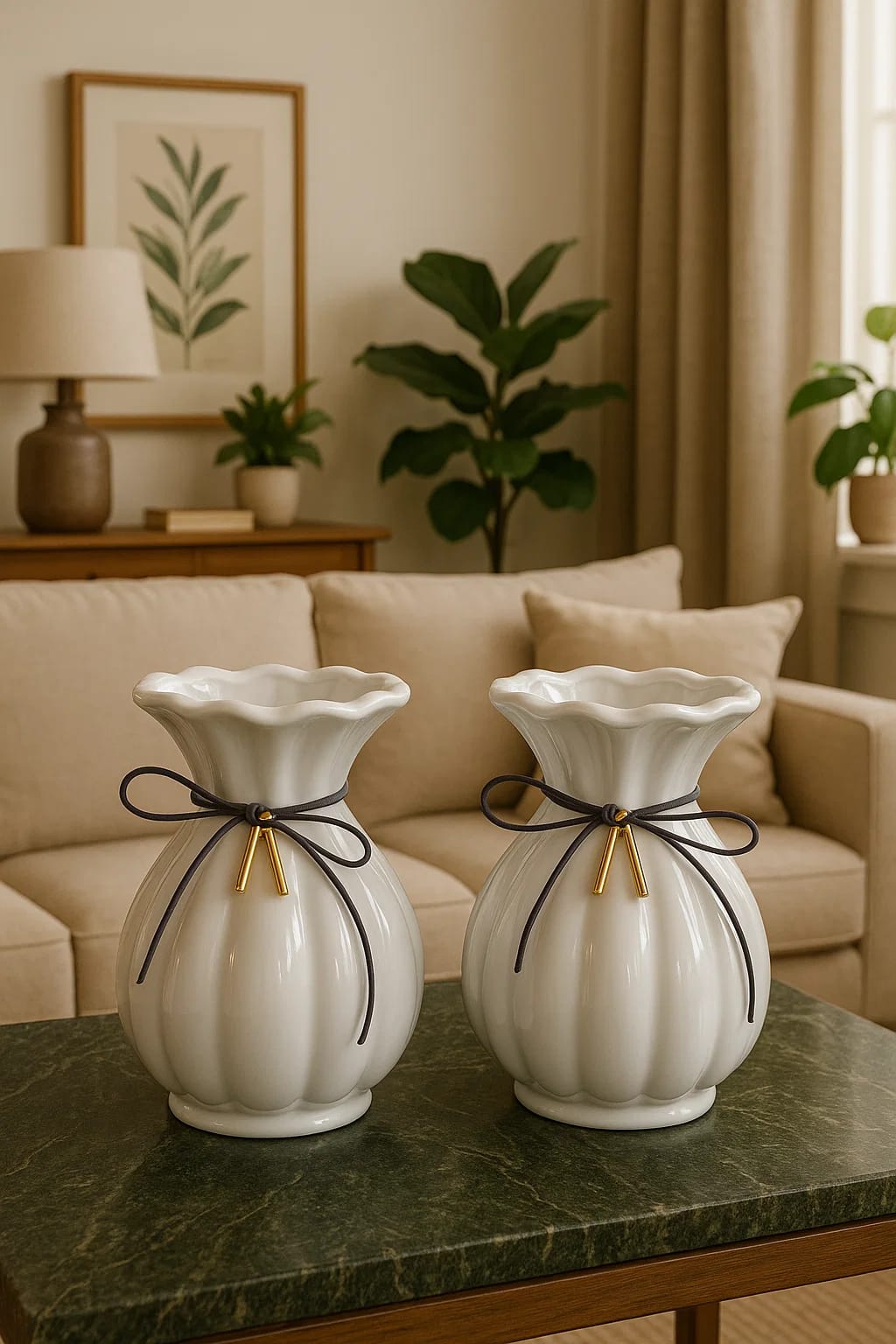 Ivory Scalloped Ceramic Vases — Set of 2
