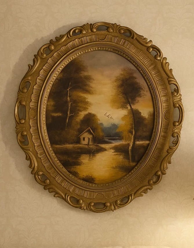 Vintage Oval Landscape Painting in Ornate Gold Frame
