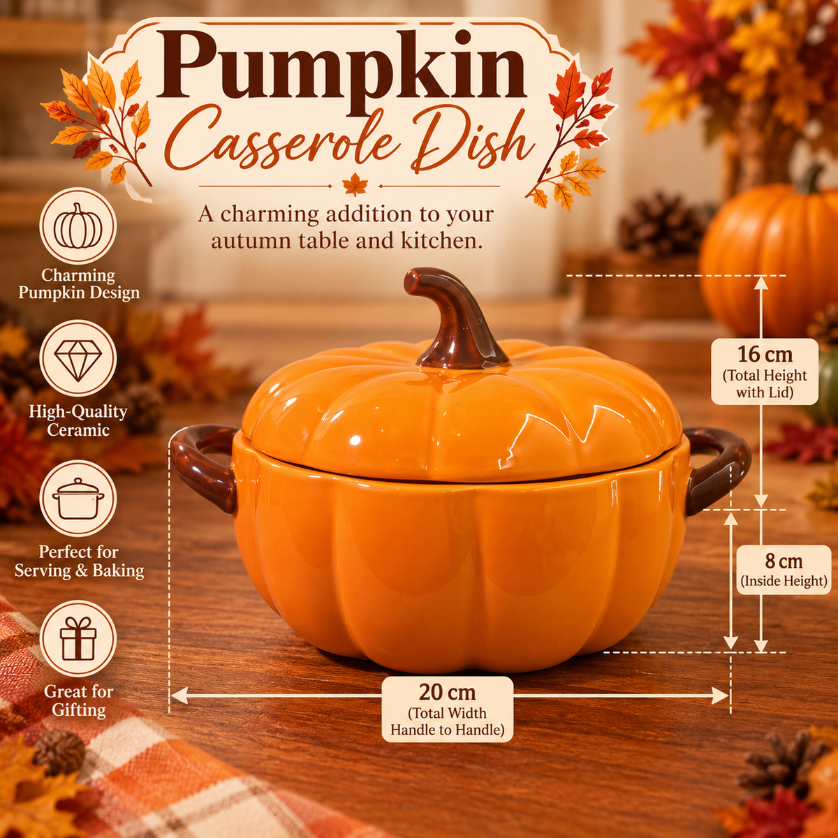 Pumpkin-Shaped Ceramic Casserole & Serving Dish with Lid