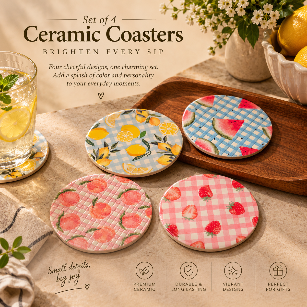🍋🍉 Summer Fruit Ceramic Coasters – Set of 4