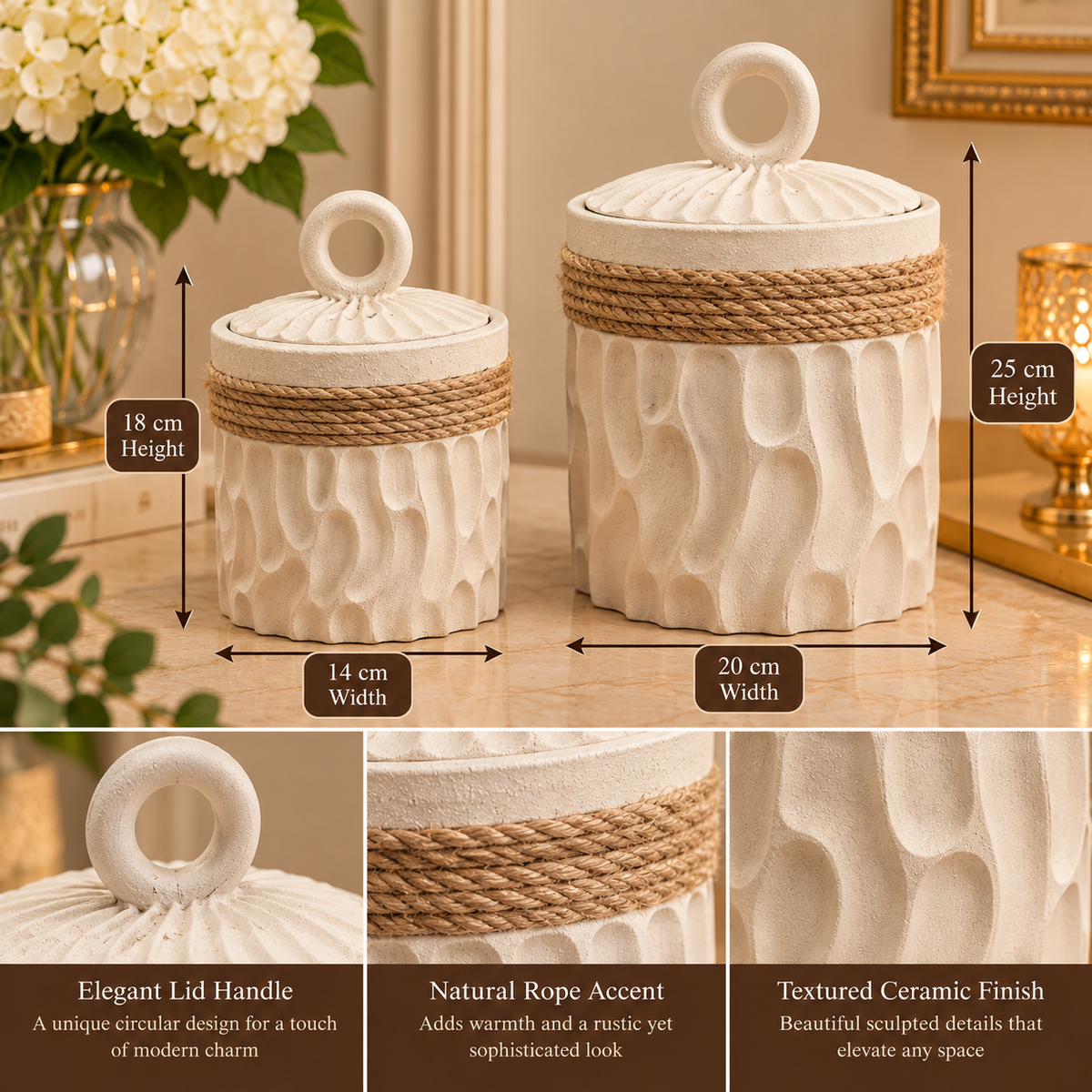 Ivory Textured Decorative Jars with Rope Accents