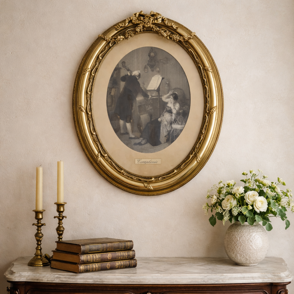 Ornate Oval Gravure Wall Plaque — Gold Frame with Vintage Scene