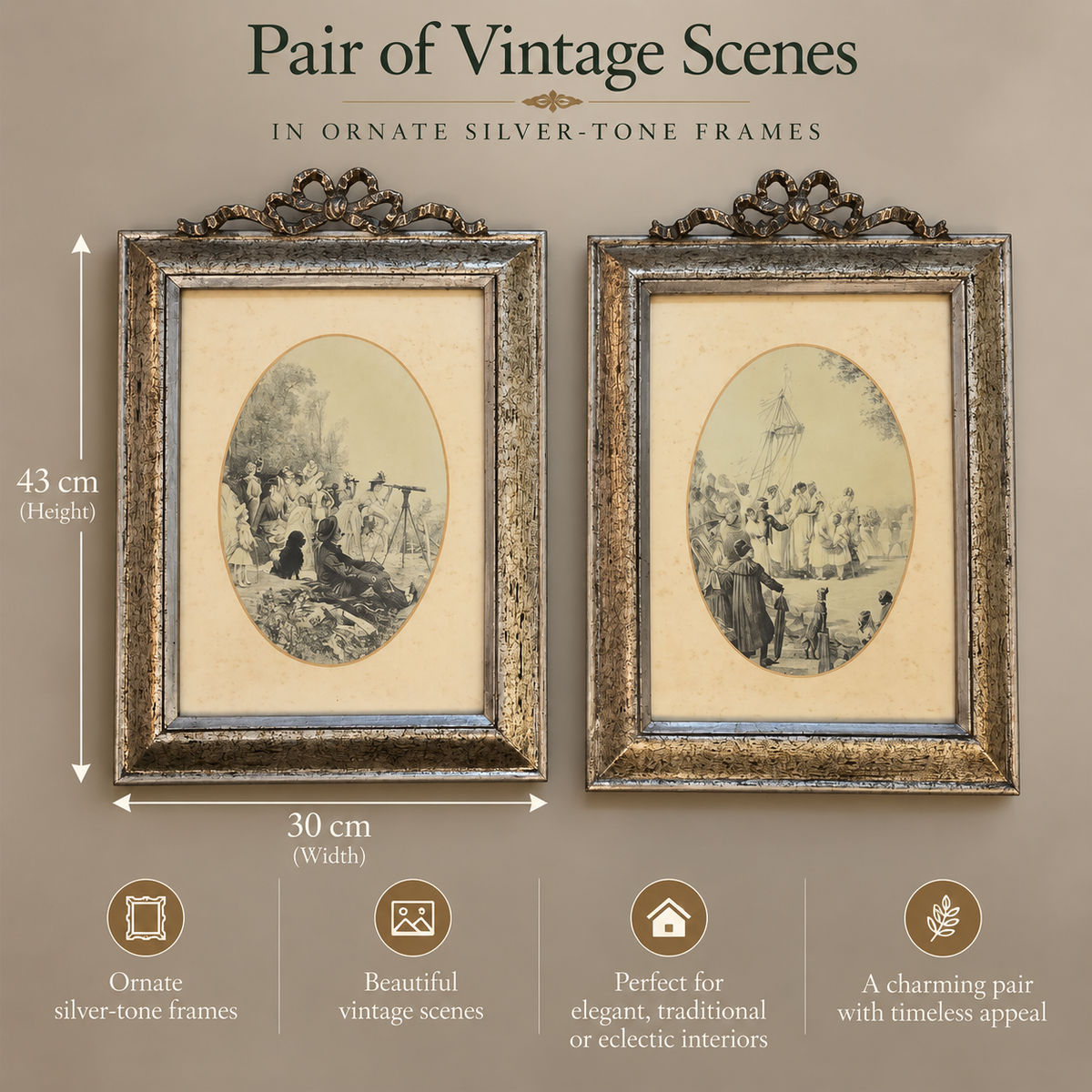 Vintage Silver-Tone Framed Scenic Prints – Pair