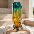 Murano Teal & Amber Tall Art Glass Vase – 37 cm