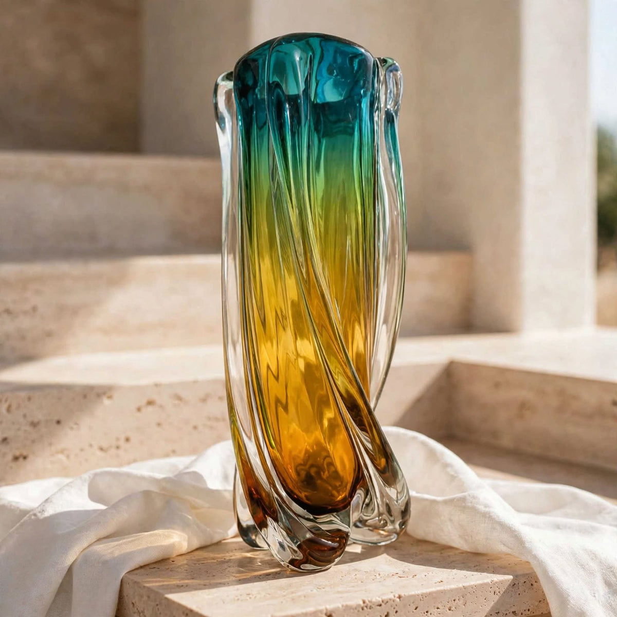 Murano Teal & Amber Tall Art Glass Vase – 37 cm
