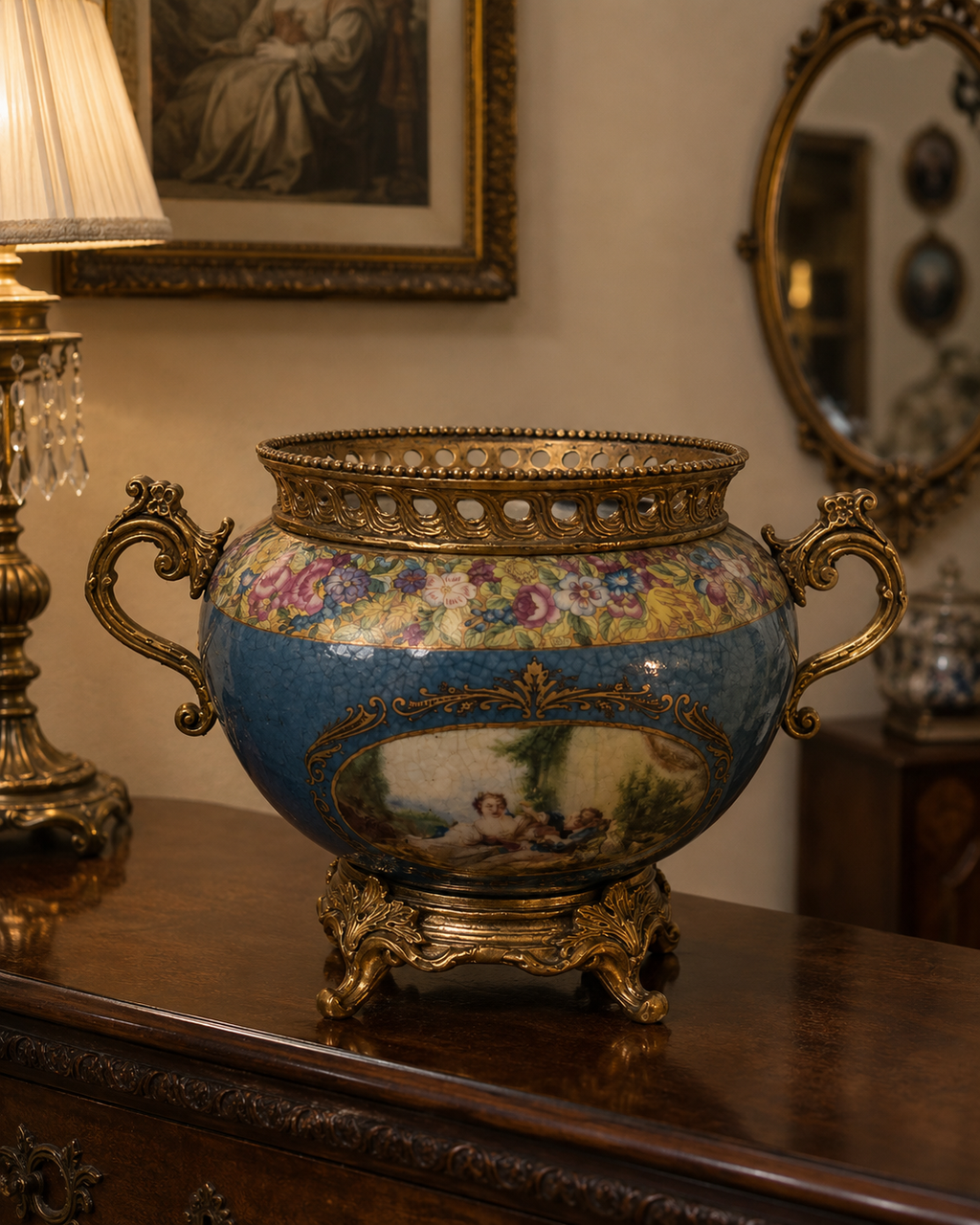 Sèvres Style Decorative Bowl with Bronze Handles