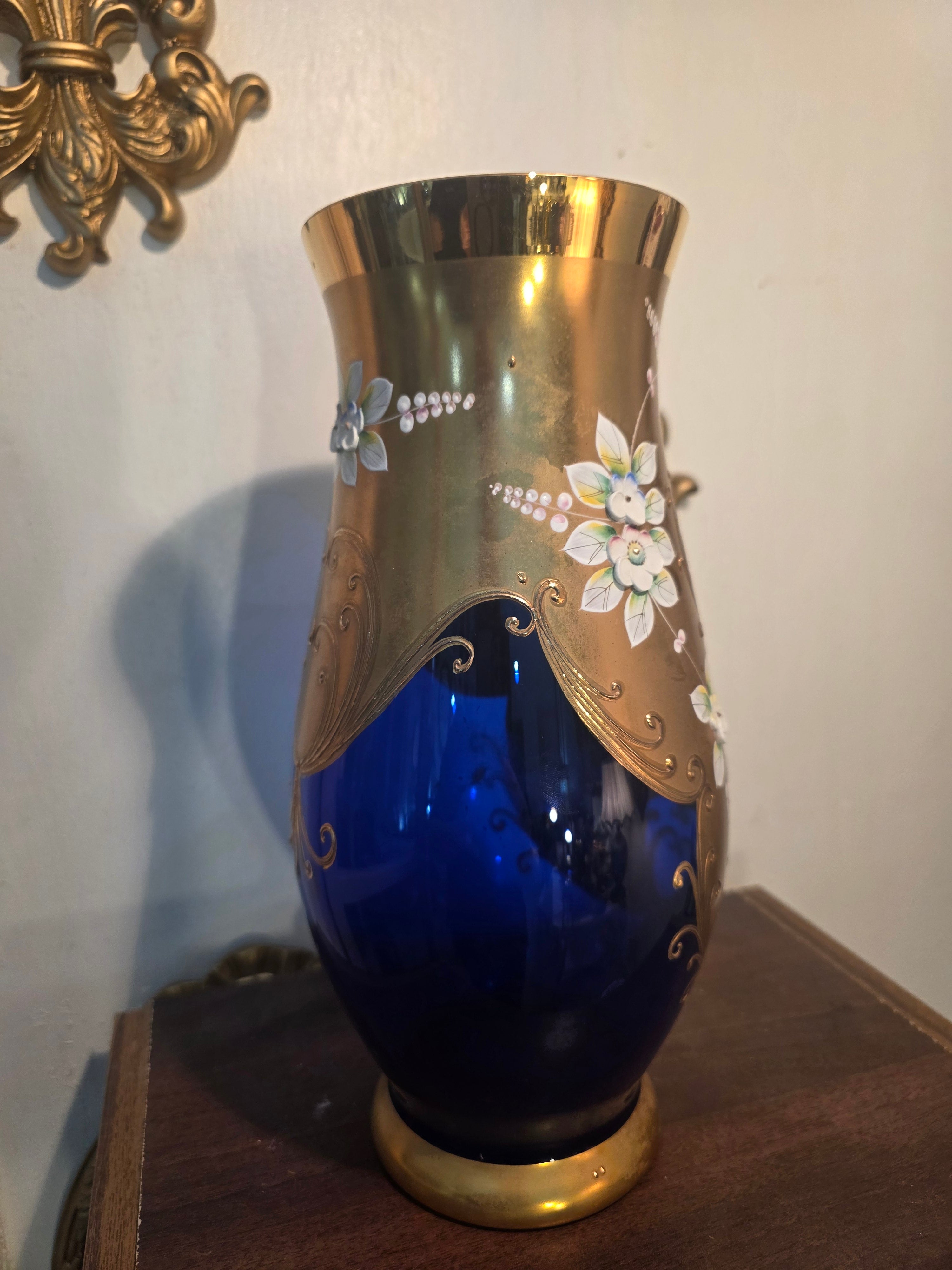 Bohemian Cobalt Glass Vase with Gold Detailing