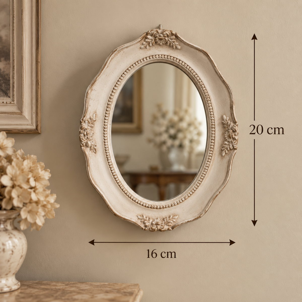 Petite Oval Ivory Resin Mirror with Floral Details