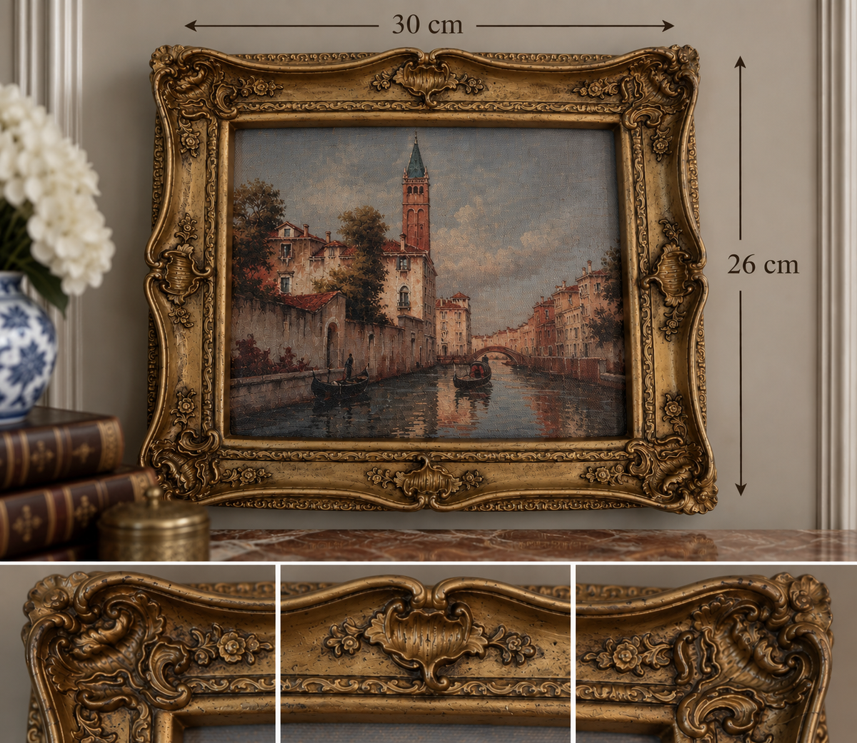 Ornate Antique-Gold Resin Frame with Venetian Canal & Bell Tower Scene