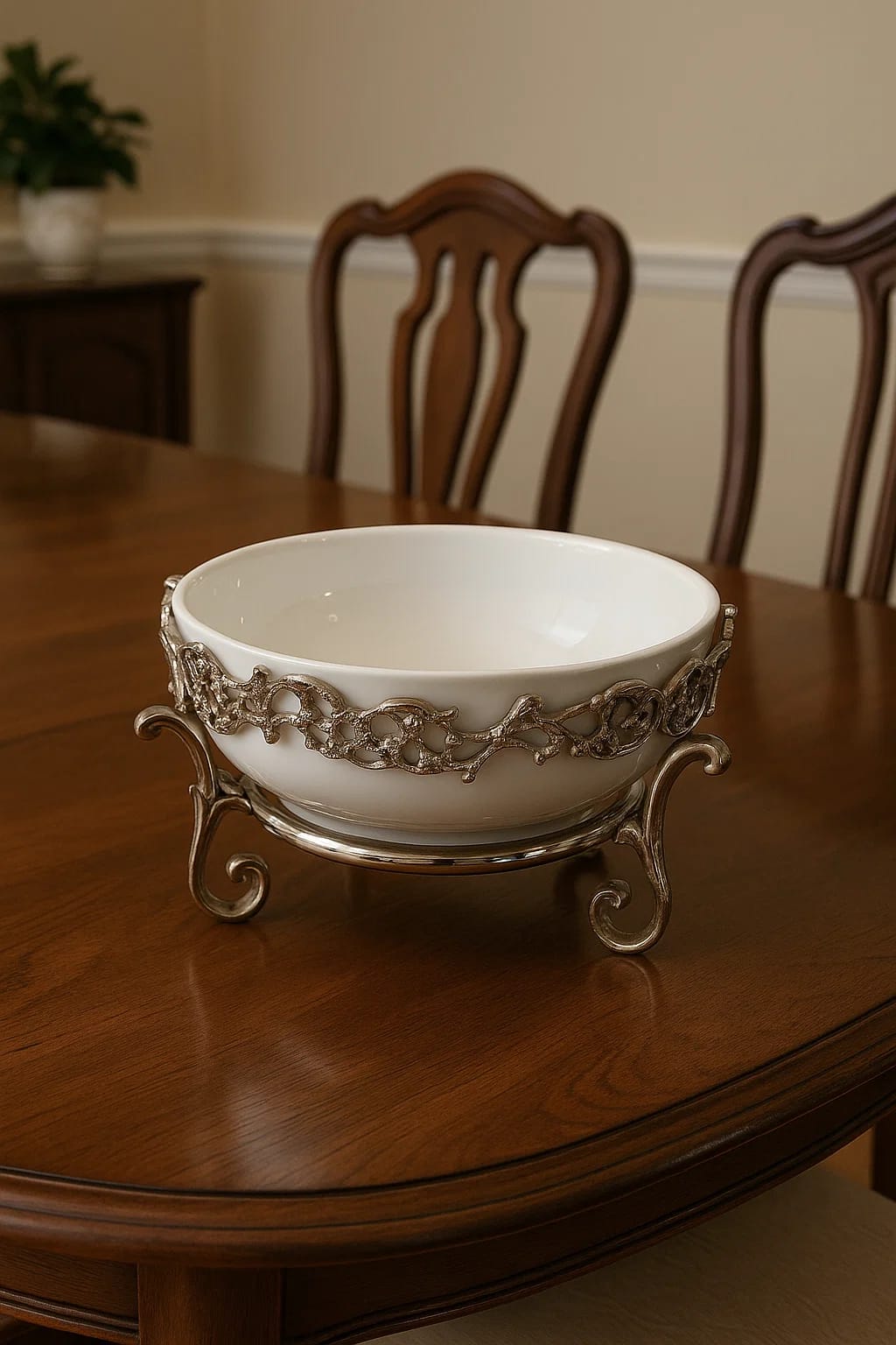 White Porcelain Bowls with Copper–Silver Stand