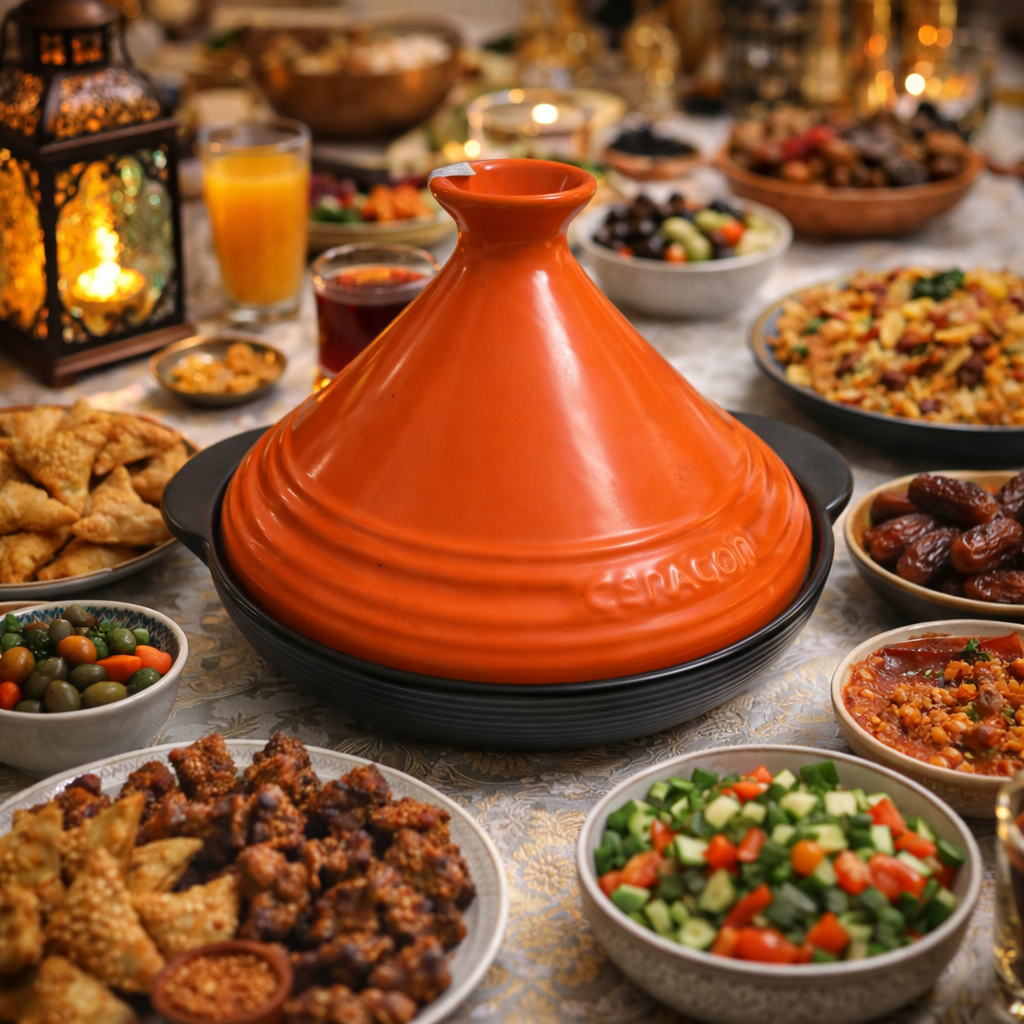 A pop of color for your Table: ceramic tagine with Orange lid.