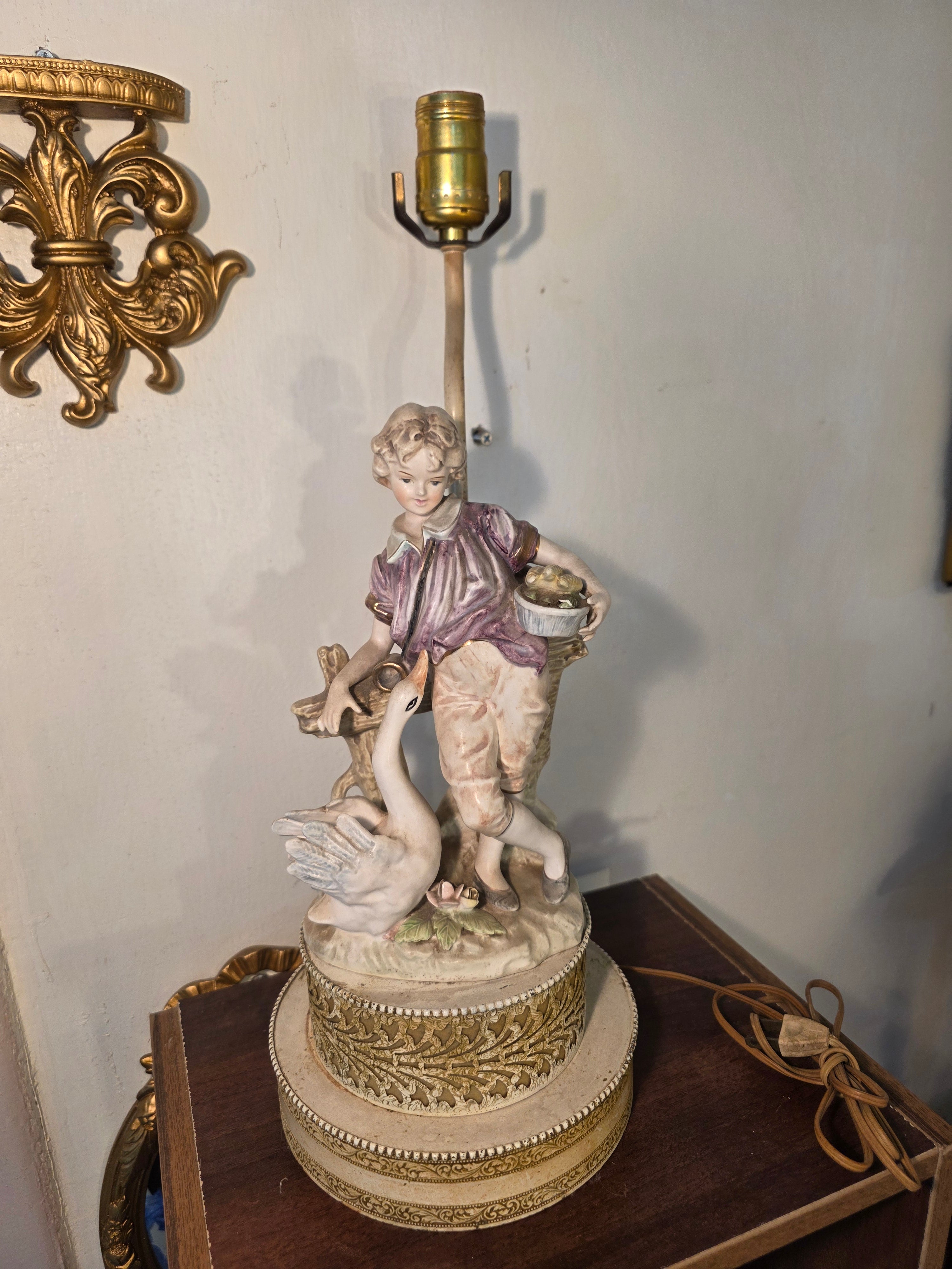 European Vintage decorative porcelain lamp base (boy with goose)