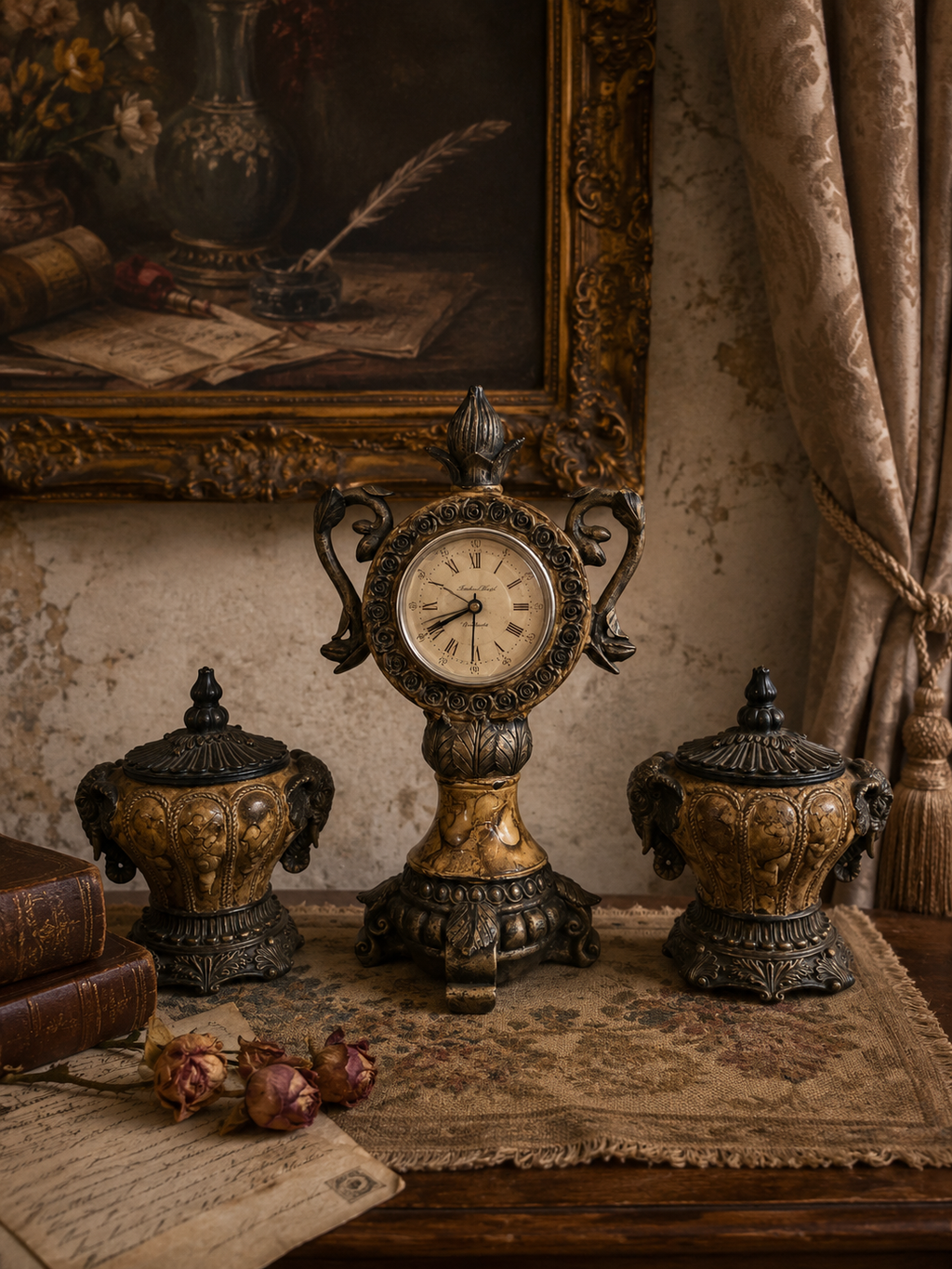 Vintage-Style Ornate Resin Clock & Bonbonnière Set