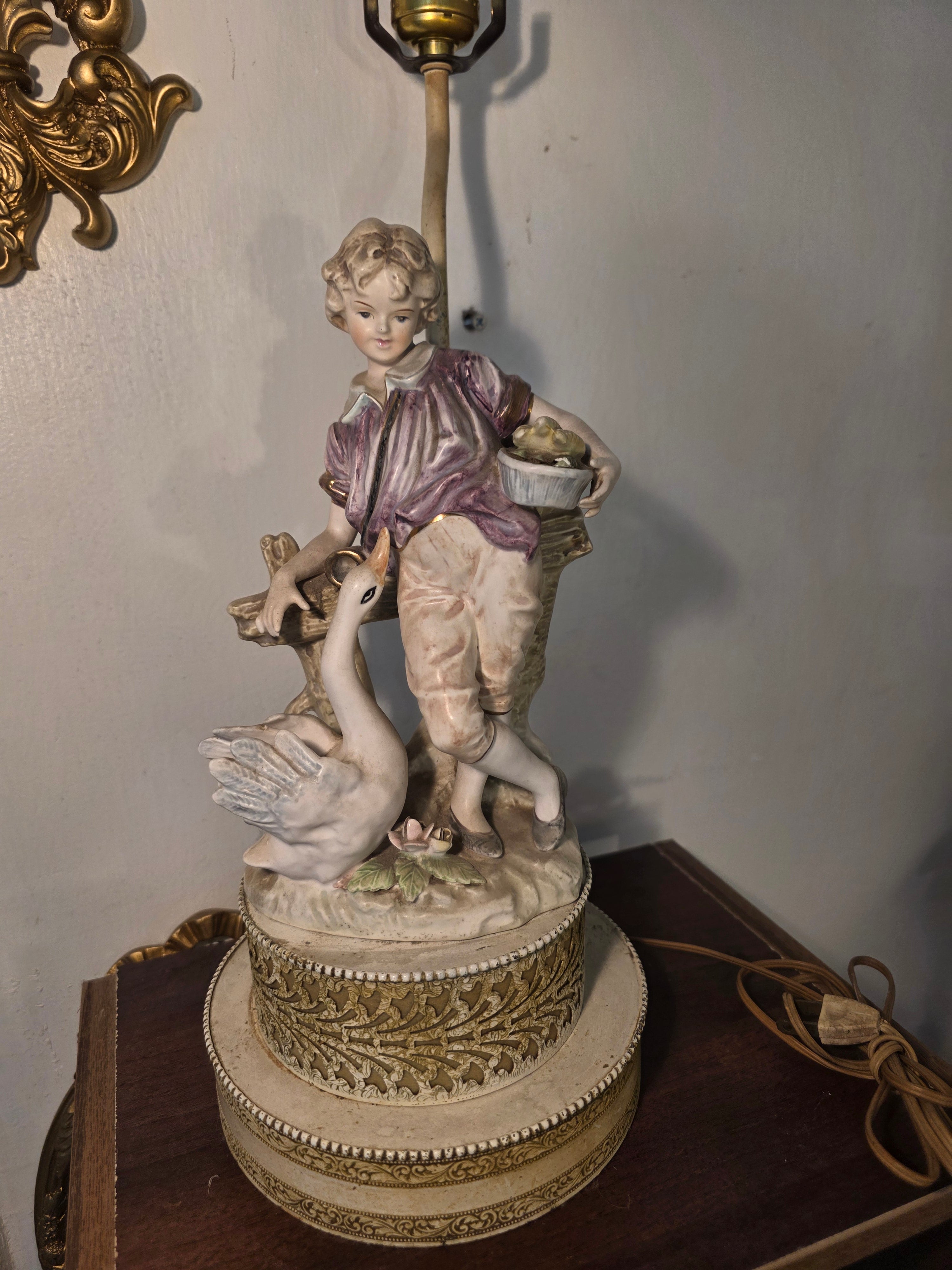European Vintage decorative porcelain lamp base (boy with goose)