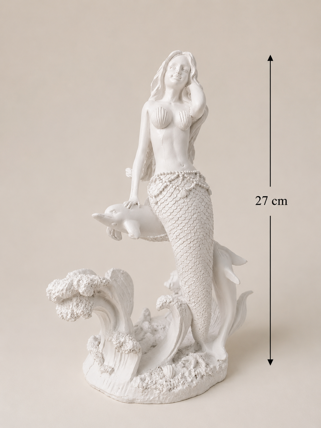 White Resin Mermaid with Dolphin Sculpture
