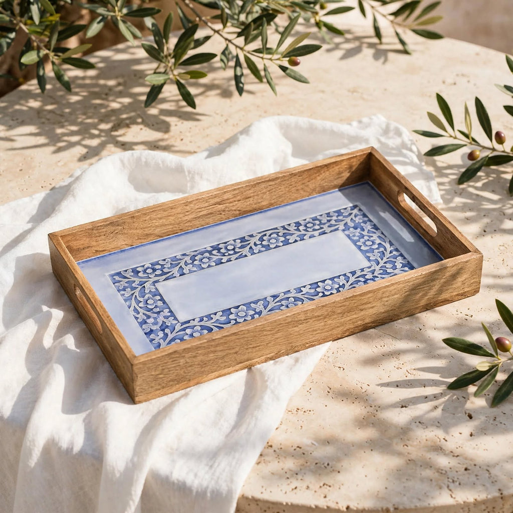 Imported Lavender & White Ceramic Inlay Wooden Serving Tray – 40 × 25 cm - Home Center UAE