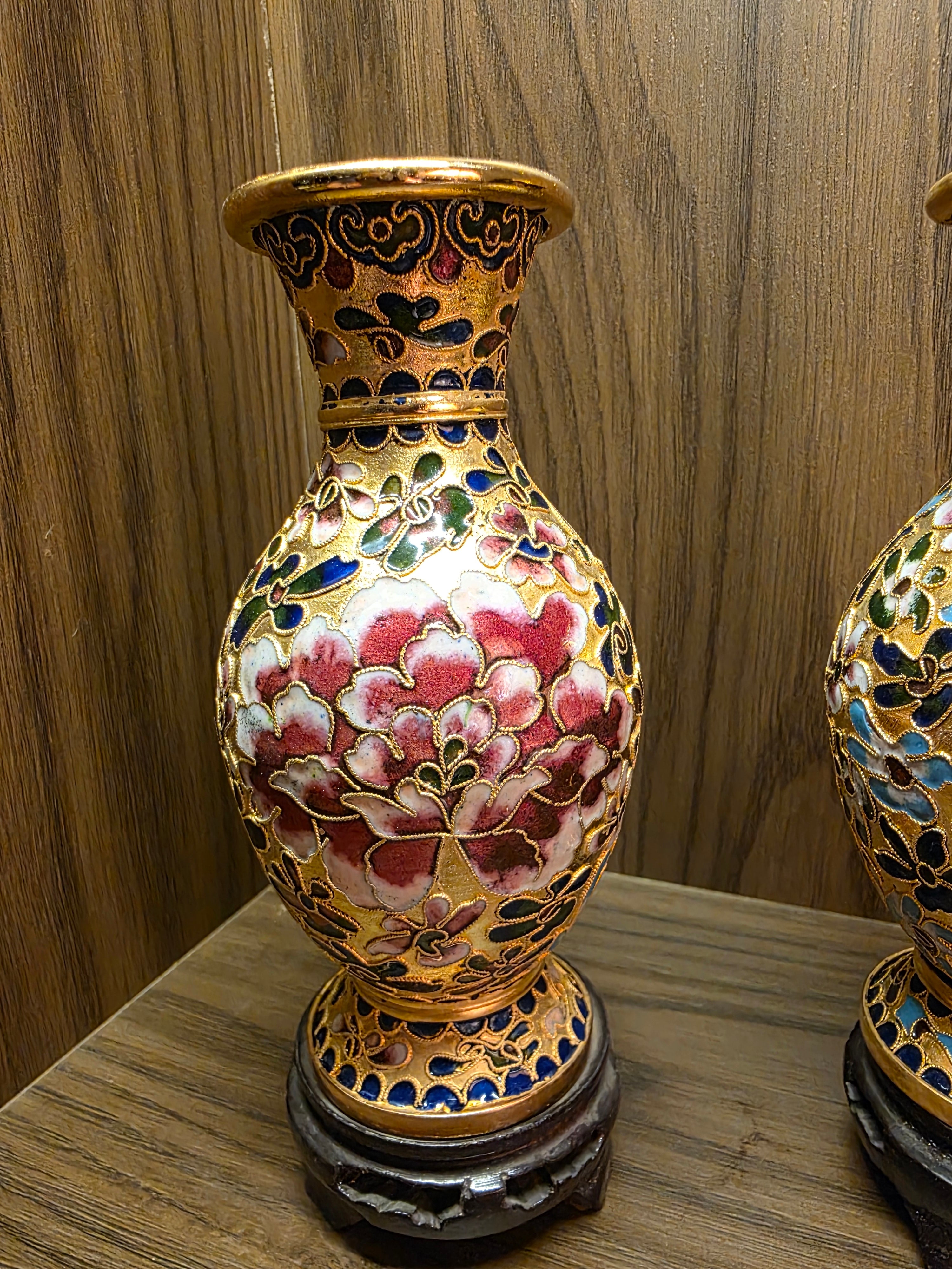 Twin Floral Cloisonné Vases