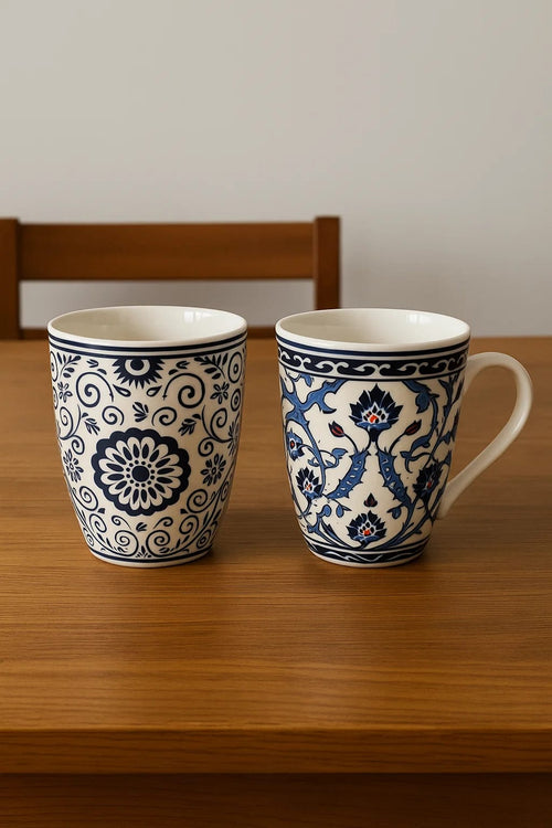 Blue & White Patterned Porcelain Mugs - set of 3