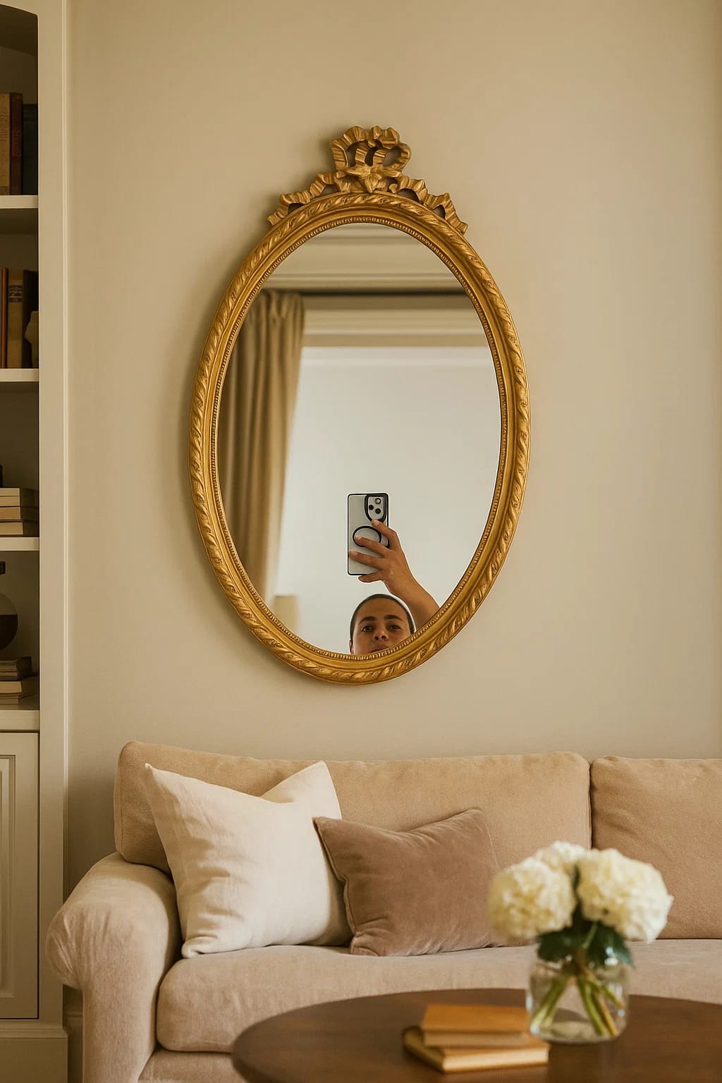Ornate Gold Oval Wall Mirror with Crest