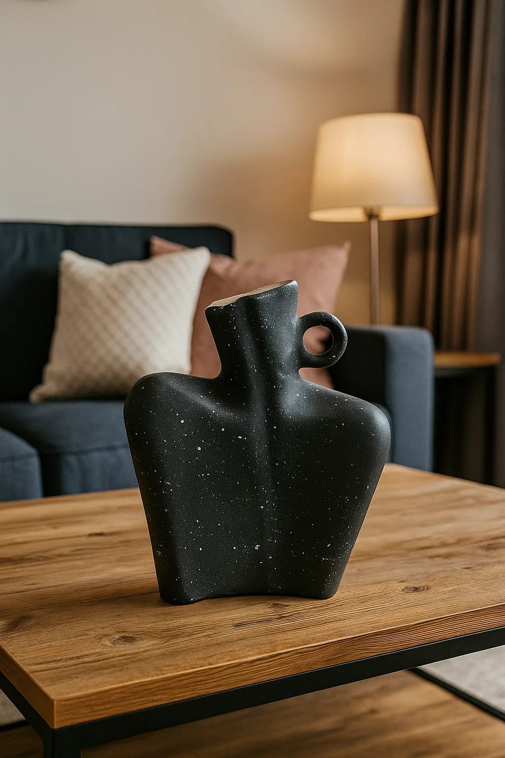 A contemporary speckled ceramic vase with a sculptural, angular silhouette and a single l...