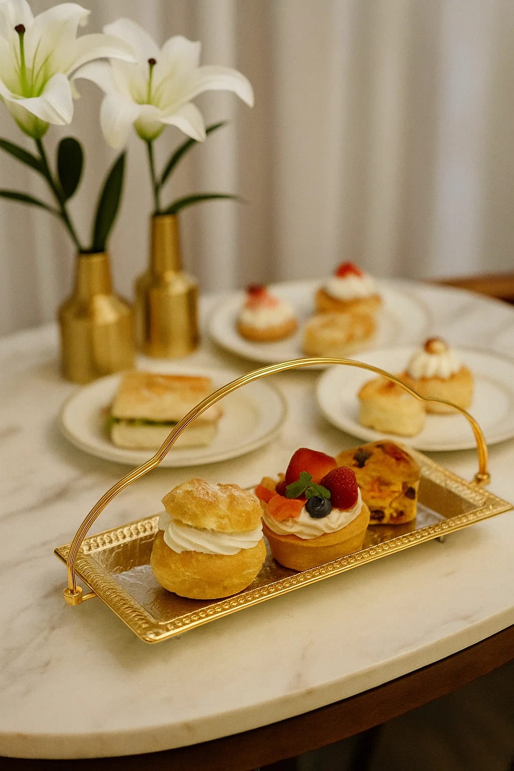 A stylish rectangular stainless tray with a decorative gold-tone frame and arched handle.