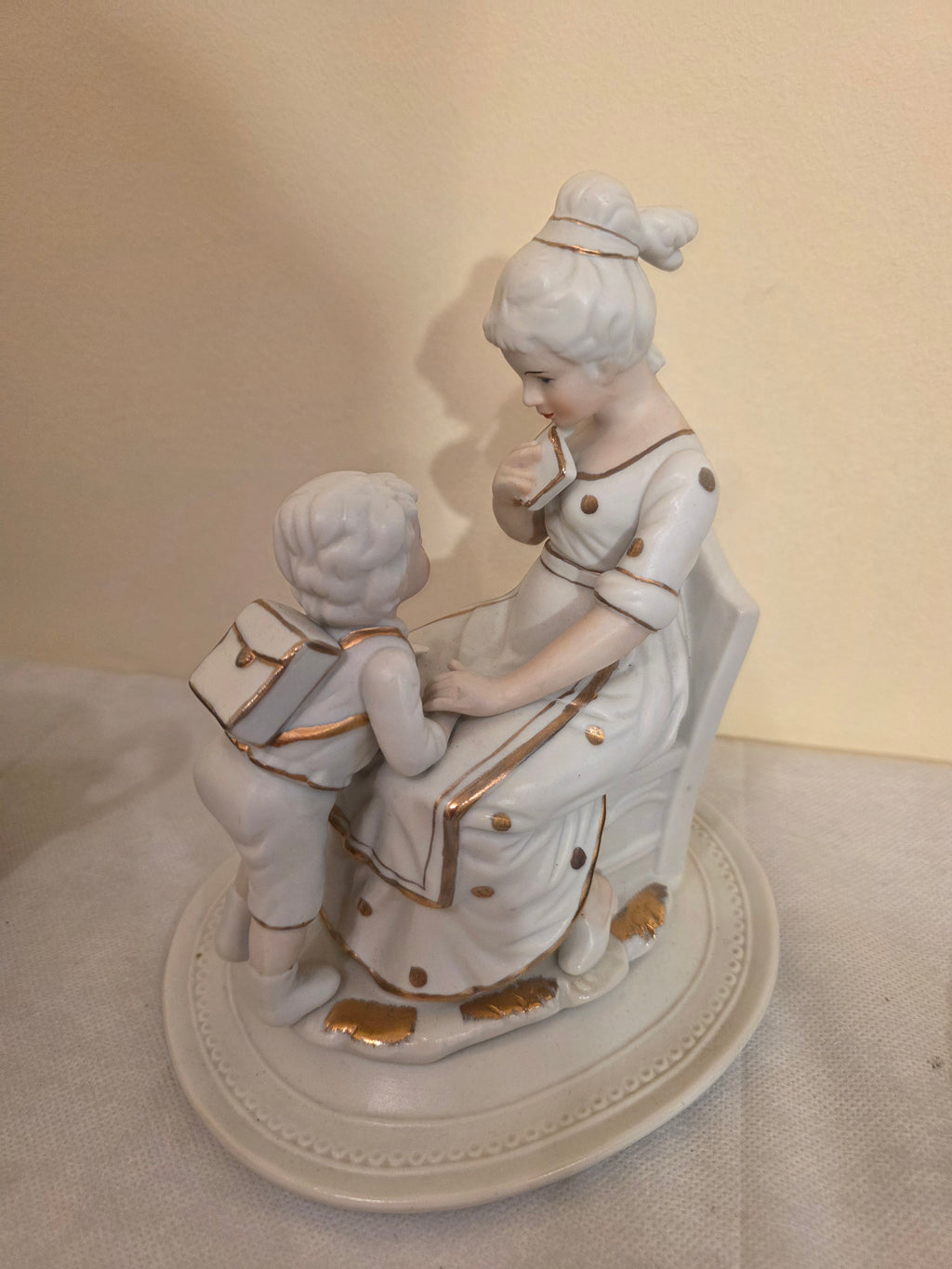 Neoclassical White & Gold Porcelain Mother & Child Statue, Boy with School Bag