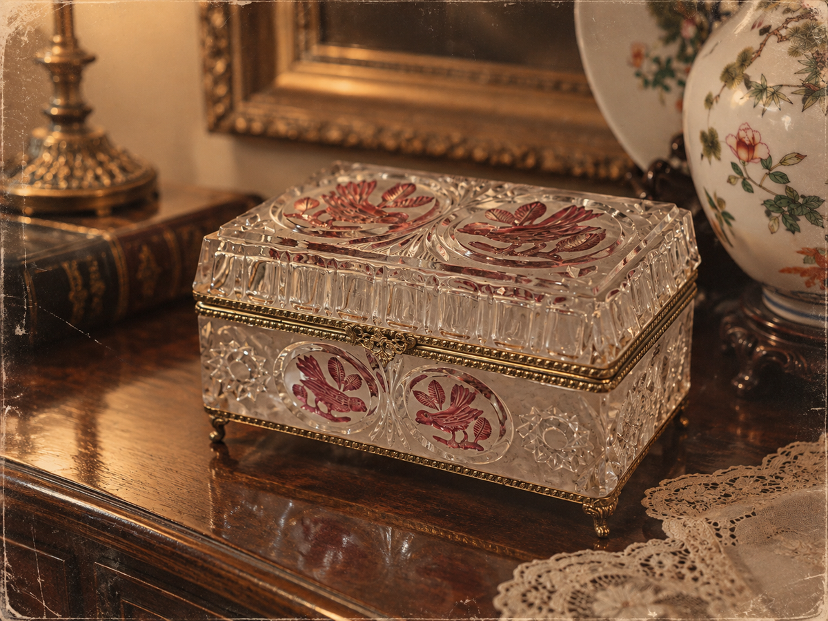 Vintage Hofbauer Byrdes Ruby Red Cut Crystal & Ornate Brass Footed Dresser Casket