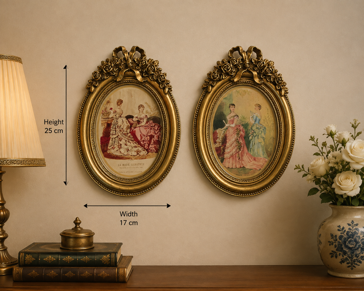 Vintage Victorian Fashion Prints in Ornate Oval Frames