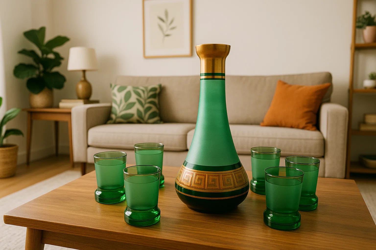 A stylish Czech-made green glass decanter with gold accents, paired with six matching emeral...