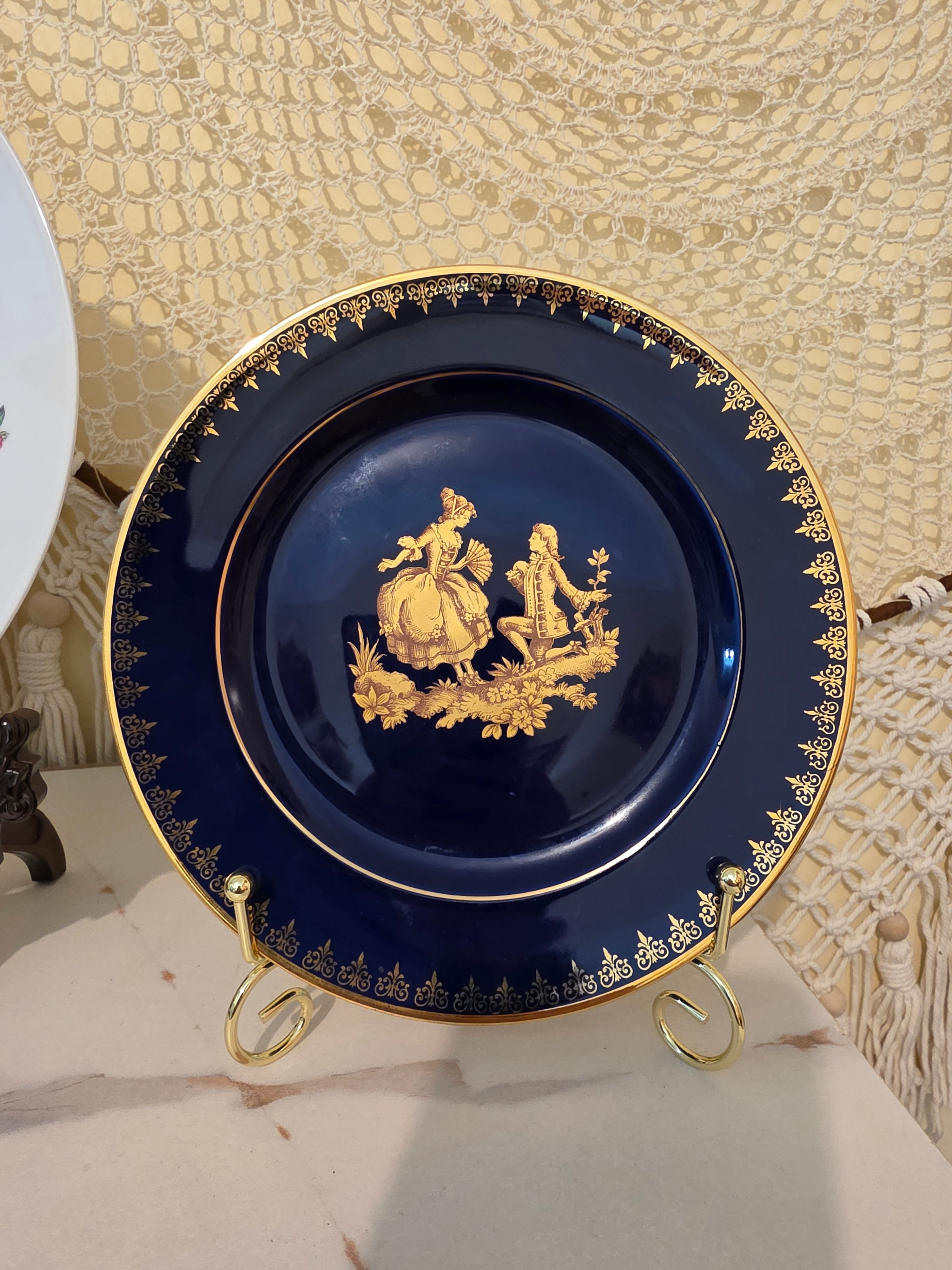Vintage Limoges France "La Reine" Cobalt Blue & 22k Gold Courting Couple Collector Plate