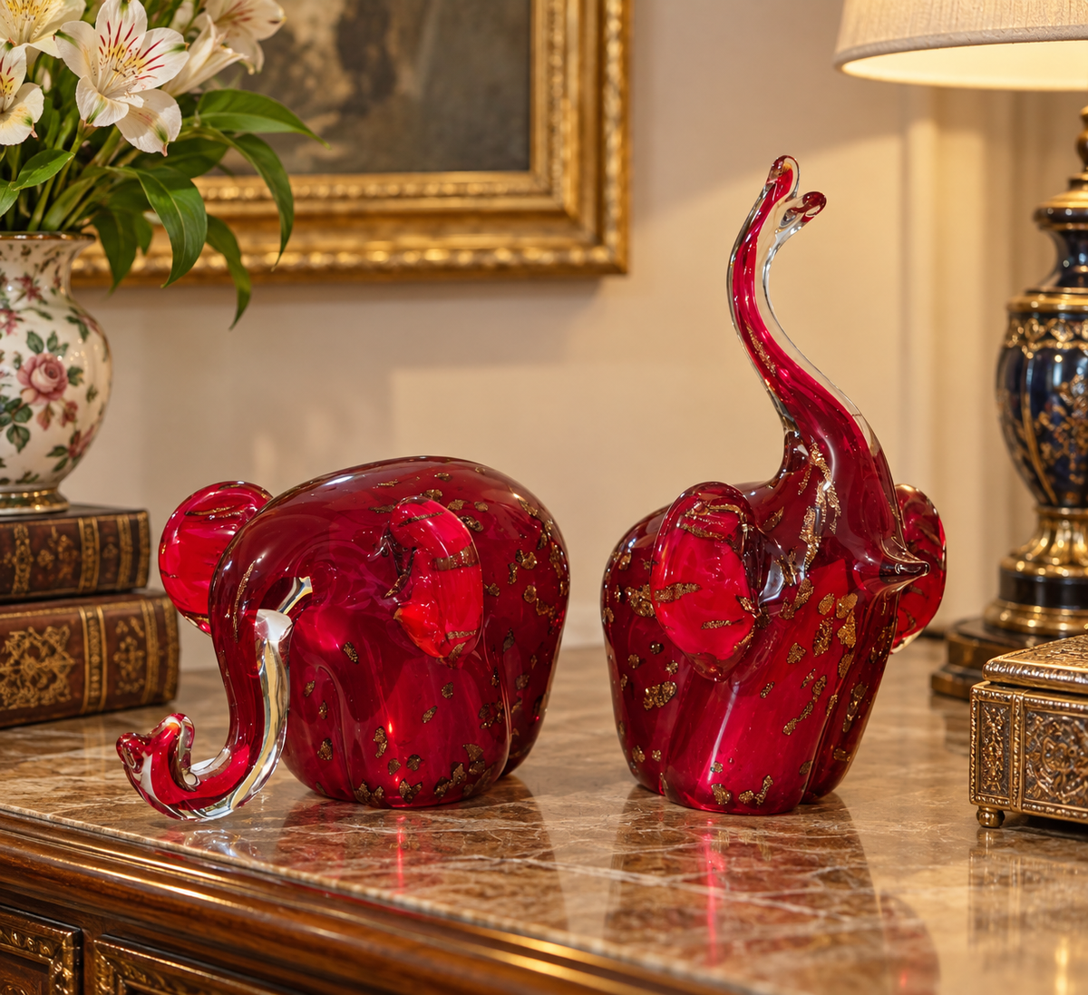 Ruby Red Murano Glass Elephant Figurines with Gold Accents – Set of 2