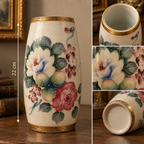 Vintage French Hand-Blown Opaline Glass Cask Vase with Hand-Painted Cabbage Roses and Gold Trim