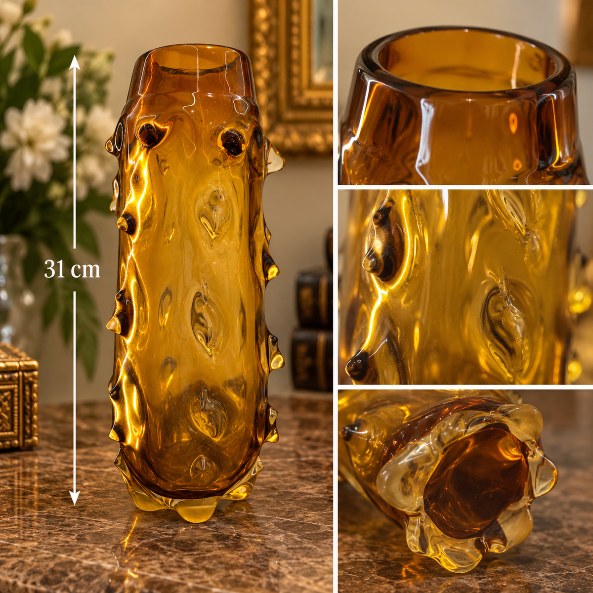 ✨ Amber Murano Art Glass Vase – 31 cm