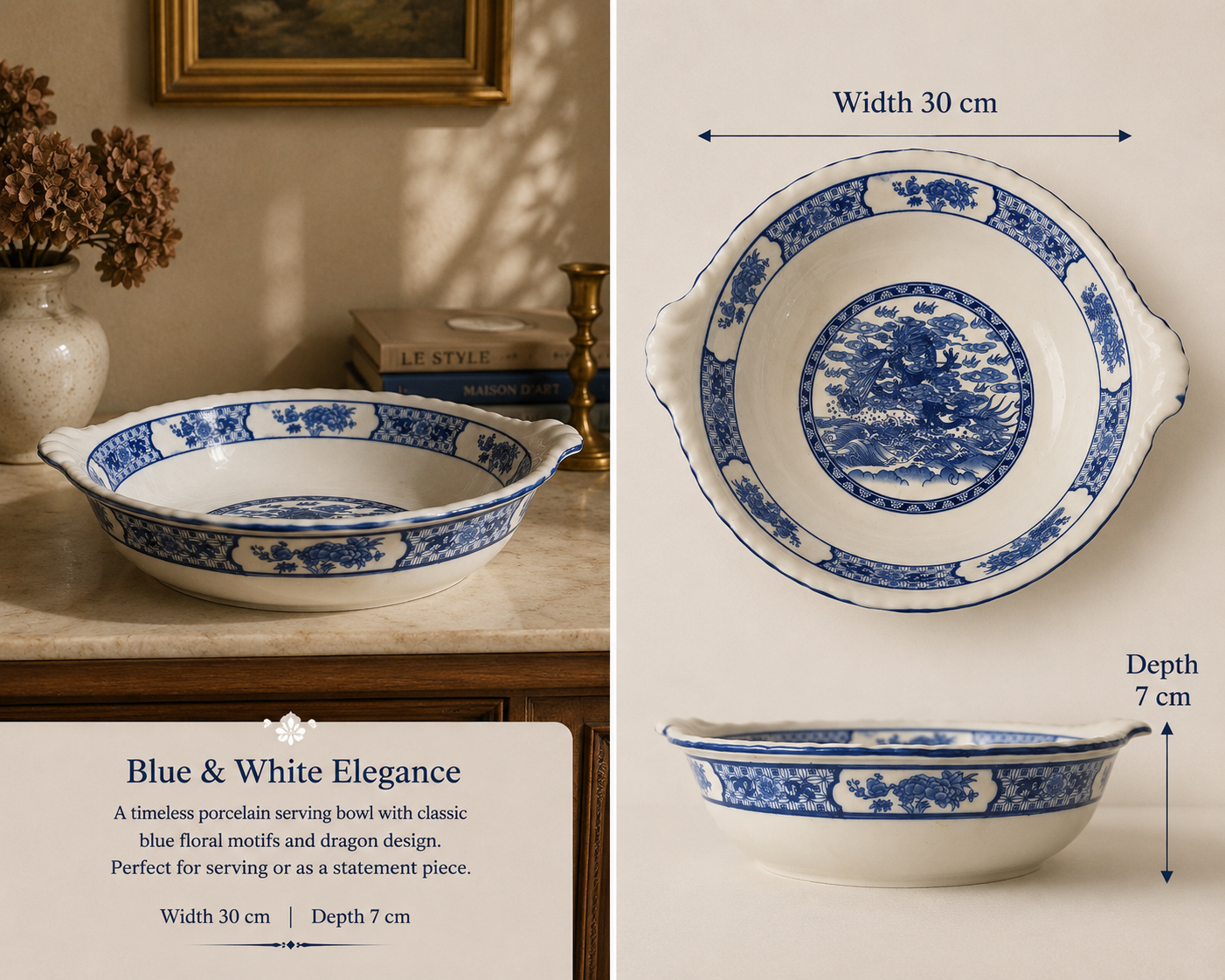 Large Chinese Blue and White Porcelain Centerpiece Bowl with Handles – Imperial Dragon Design