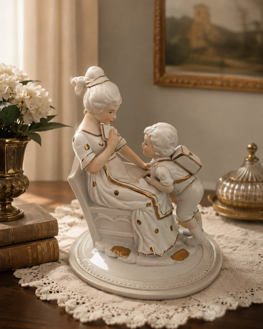 Neoclassical White & Gold Porcelain Mother & Child Statue, Boy with School Bag