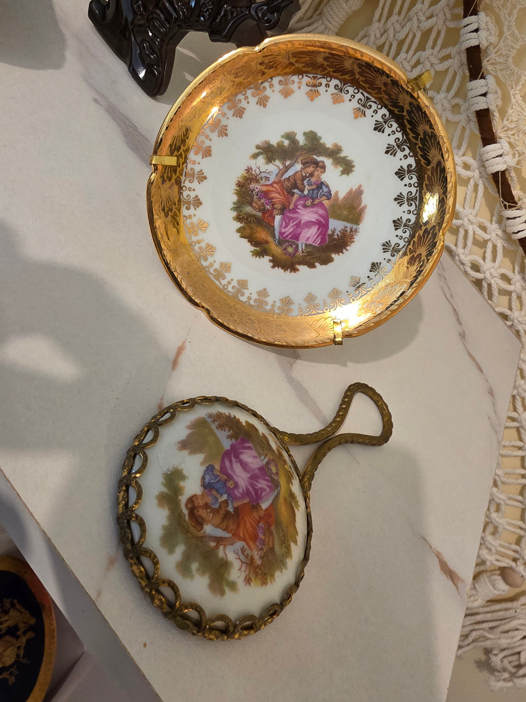 Vintage Limoges France "La Reine" 2-Piece Vanity Set – Miniature Courting Couple Plate & Brass Filigree Hand Mirror