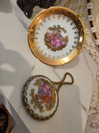 Vintage Limoges France "La Reine" 2-Piece Vanity Set – Miniature Courting Couple Plate & Brass Filigree Hand Mirror