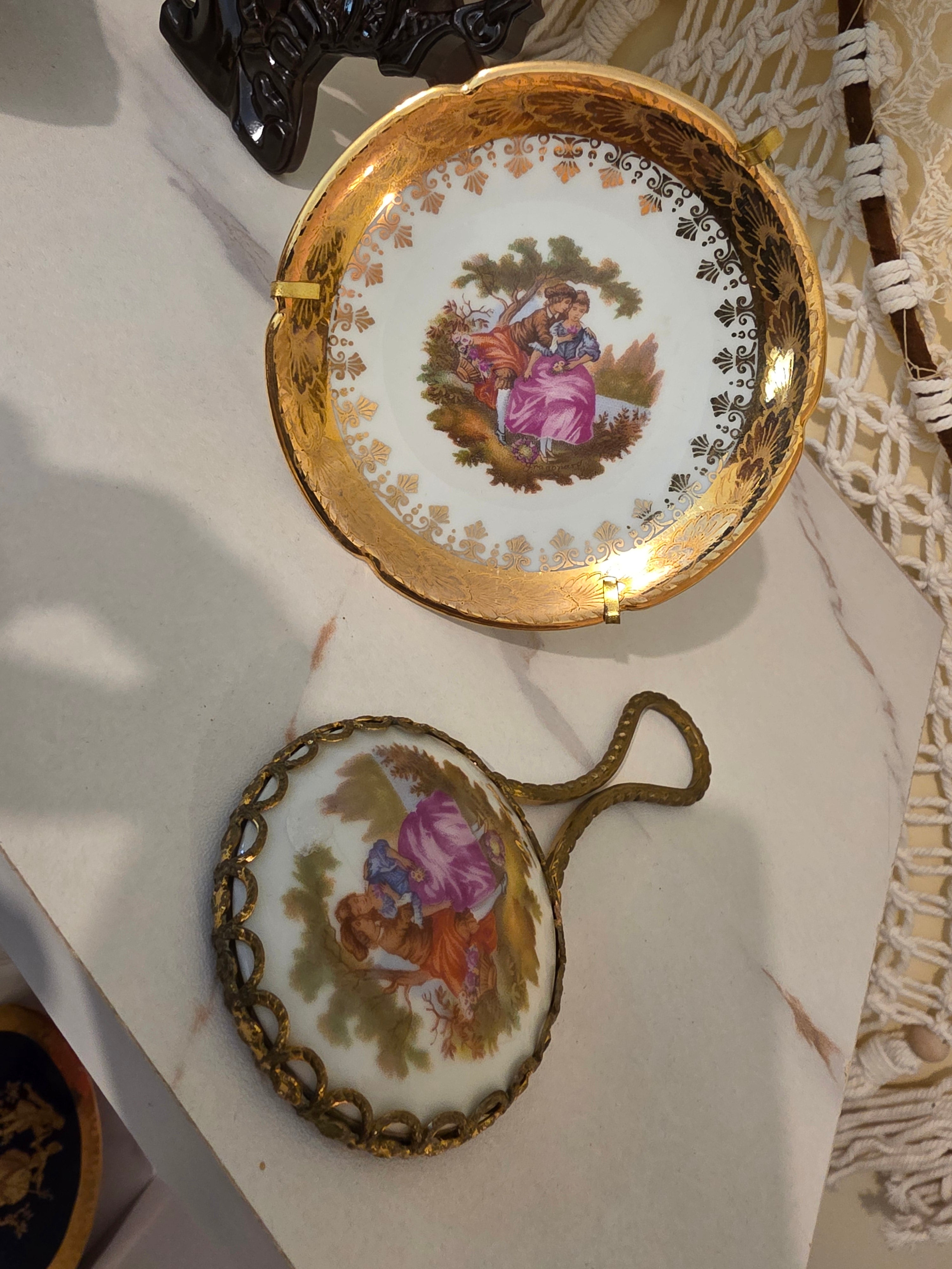 Vintage Limoges France "La Reine" 2-Piece Vanity Set – Miniature Courting Couple Plate & Brass Filigree Hand Mirror
