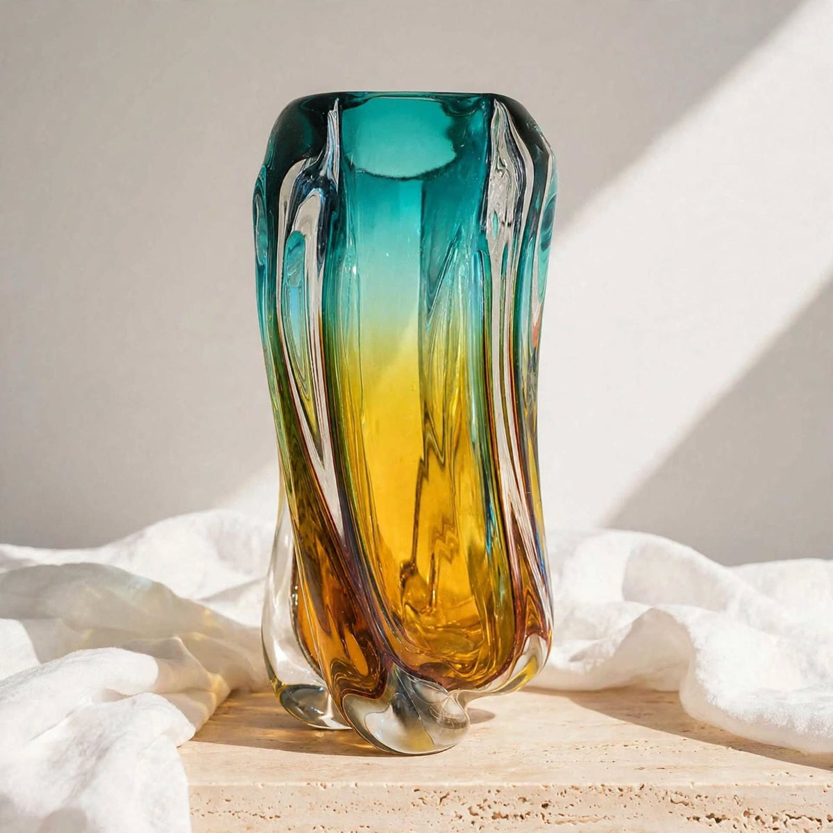 Murano Teal & Amber Art Glass Vase – 27 cm