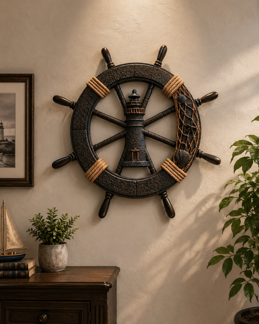 Nautical Lighthouse Ship Wheel Décor