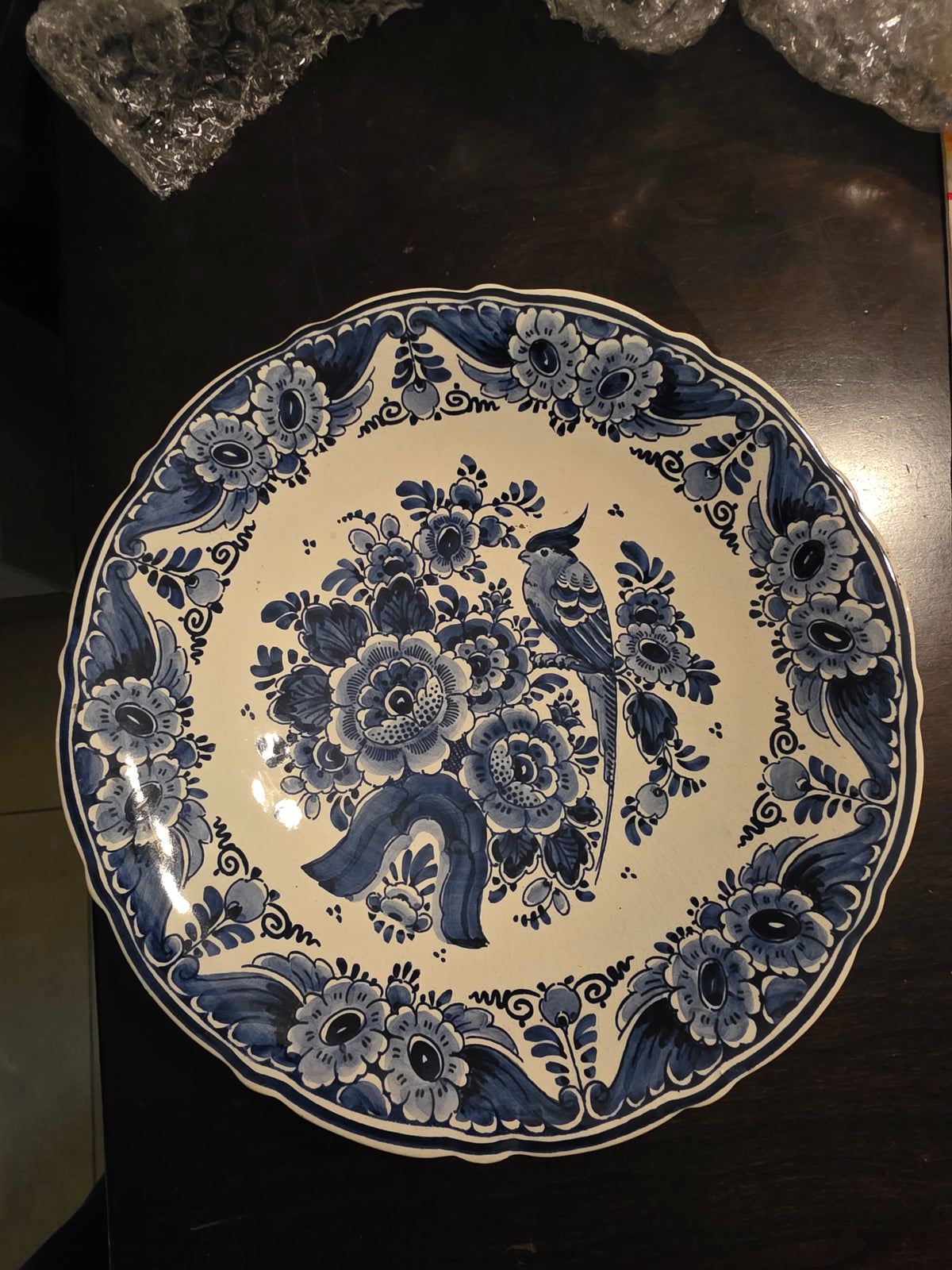Vintage Hand-Painted Delft Blue Bird & Floral Wall Plate | Velsen Sassenheim, Model 1037